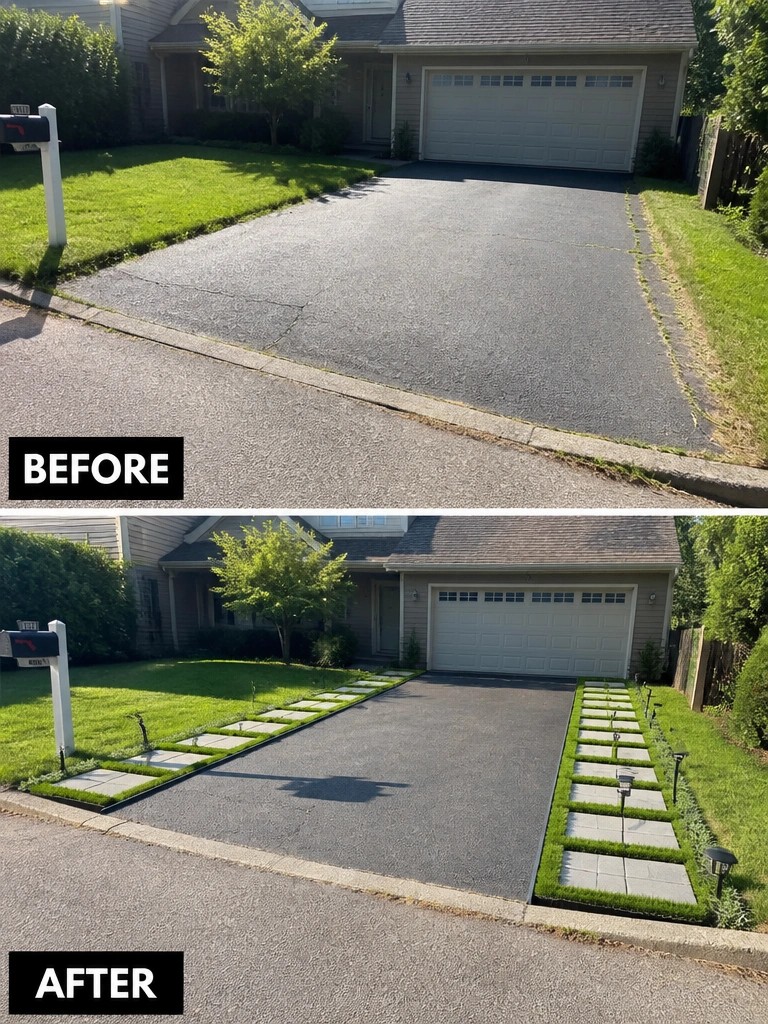 Before-and-after image of a plain asphalt driveway updated with grass-lined paver paths along both sides.