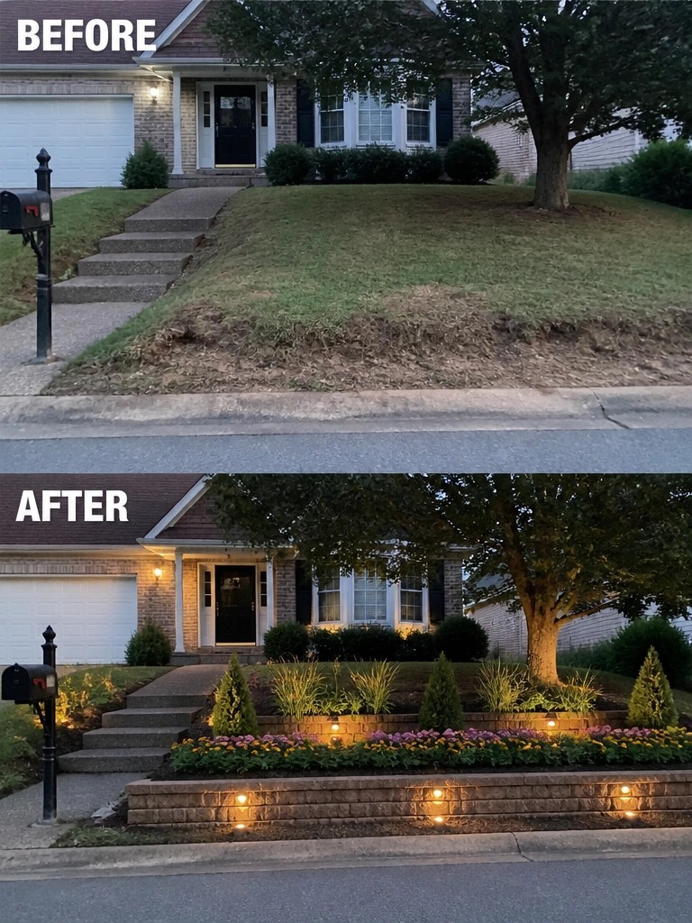 Before-and-after view of house front yard with new retaining walls, flowers and lights
