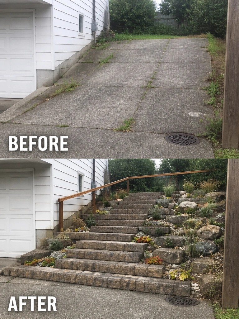 Before and after of sloped concrete driveway replaced by stone steps with landscaping.