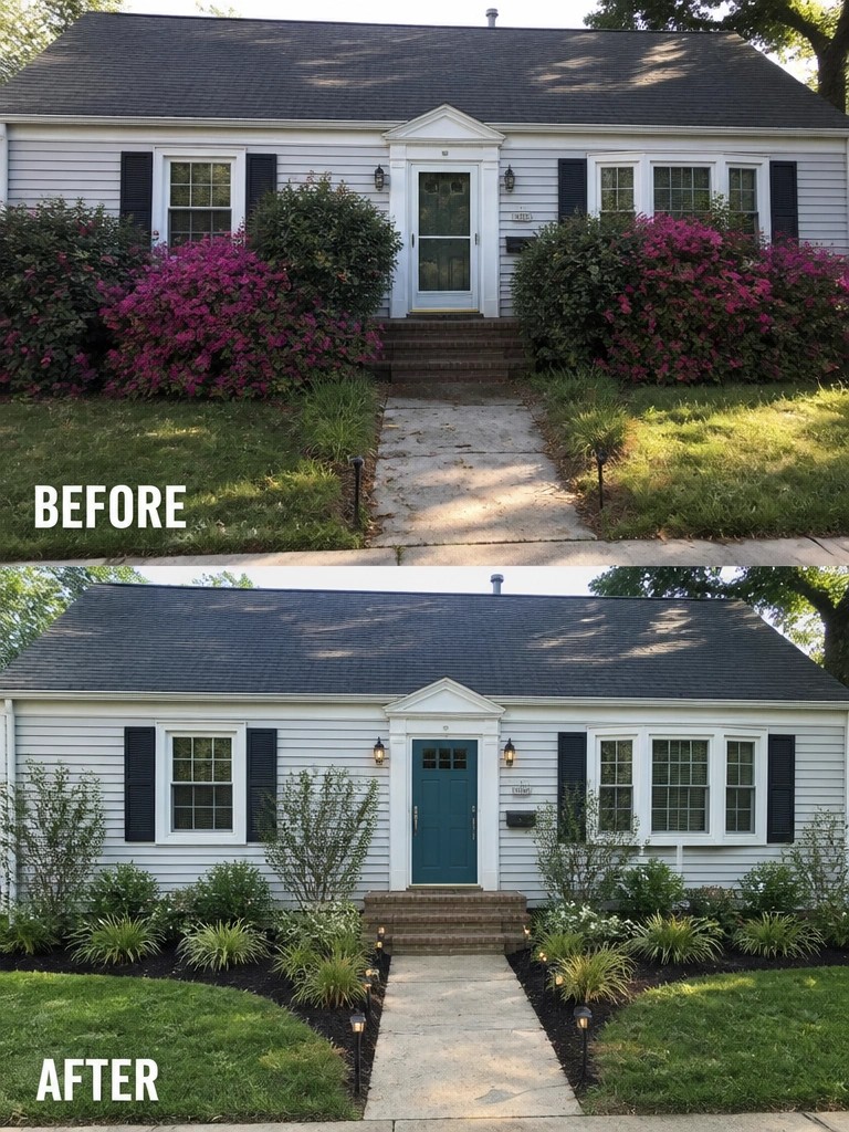 Before and after of house with pink bushes replaced by new landscaping and teal door