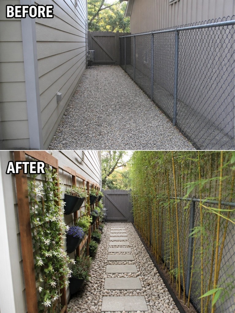 Before-and-after image of a narrow gravel side yard path updated with vertical gardens on the left wall and tall bamboo screening along the right fence.