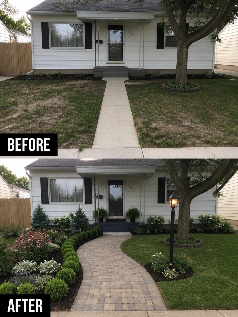 Before and after of white house yard with new curved walkway and landscaping.