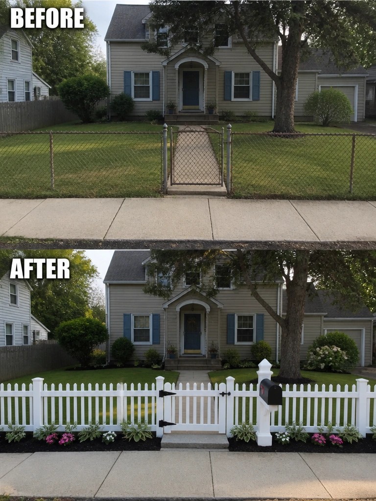Before-after house yard: chain-link fence replaced by white picket with flowers