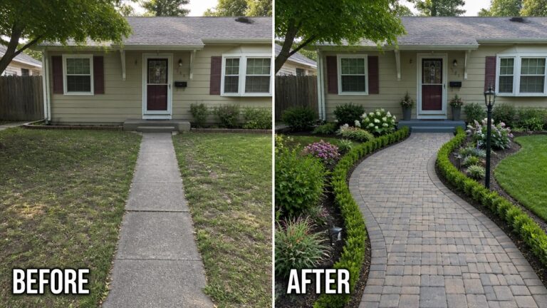 Before and after of white house yard with new curved walkway and landscaping.