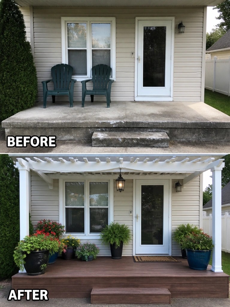 Before concrete porch with green chairs, after wooden deck with white pergola and potted plants