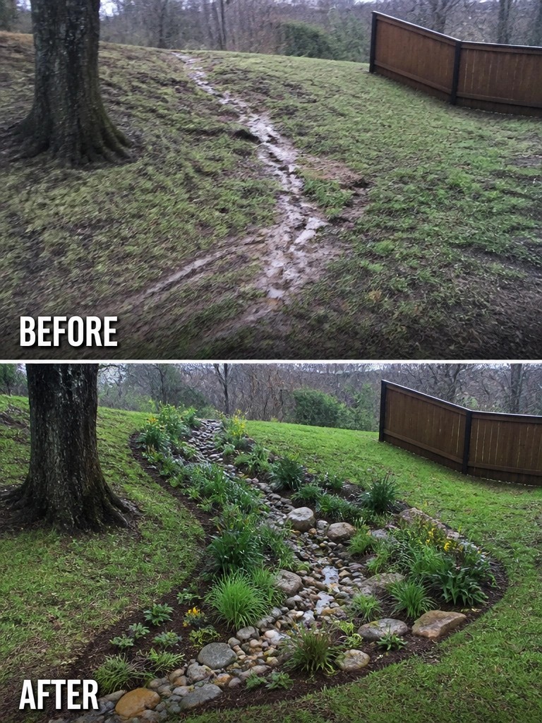 Before muddy hillside path after rock-lined garden with plants and flowers