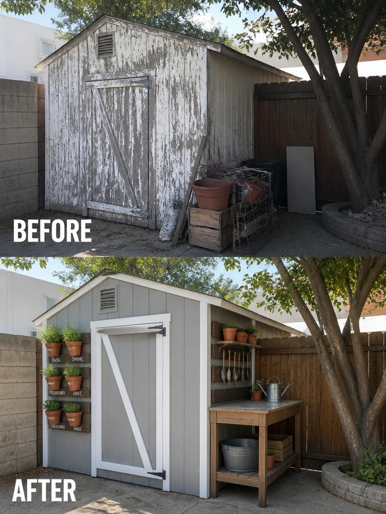 Before-and-after backyard shed: peeling white paint transformed to organized gray with herb garden and workbench.