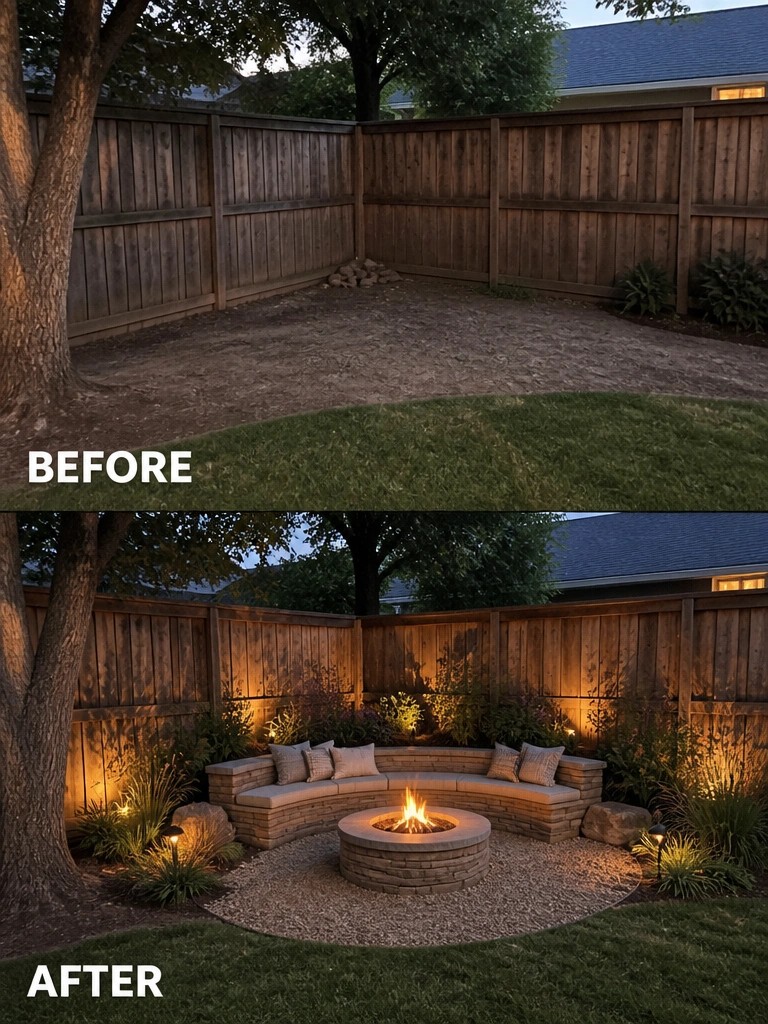 Before and after backyard transformation with curved fire pit seating area