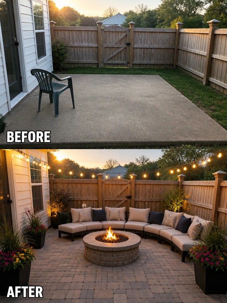 Before and after backyard patio with fire pit, sectional seating and string lights