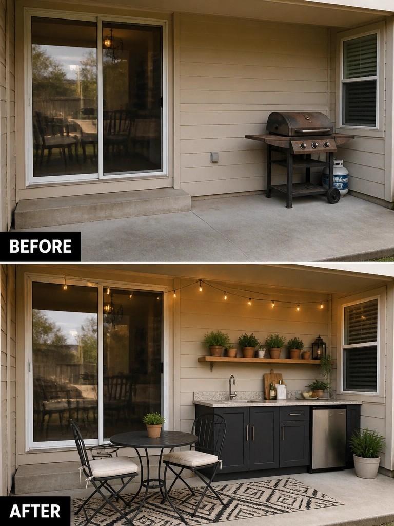 Before-and-after image of a plain concrete patio changed into an outdoor living space with seating, a counter area, string lights, and a rug.