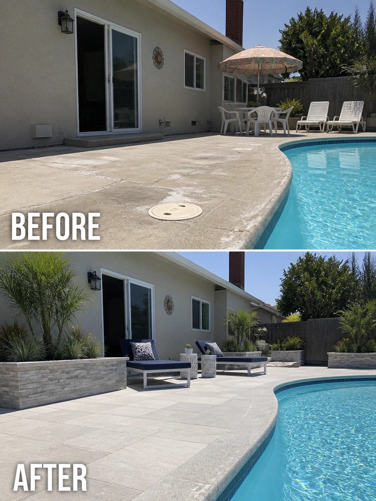 Before and after of renovated pool patio with new tiles, chairs, and plants.