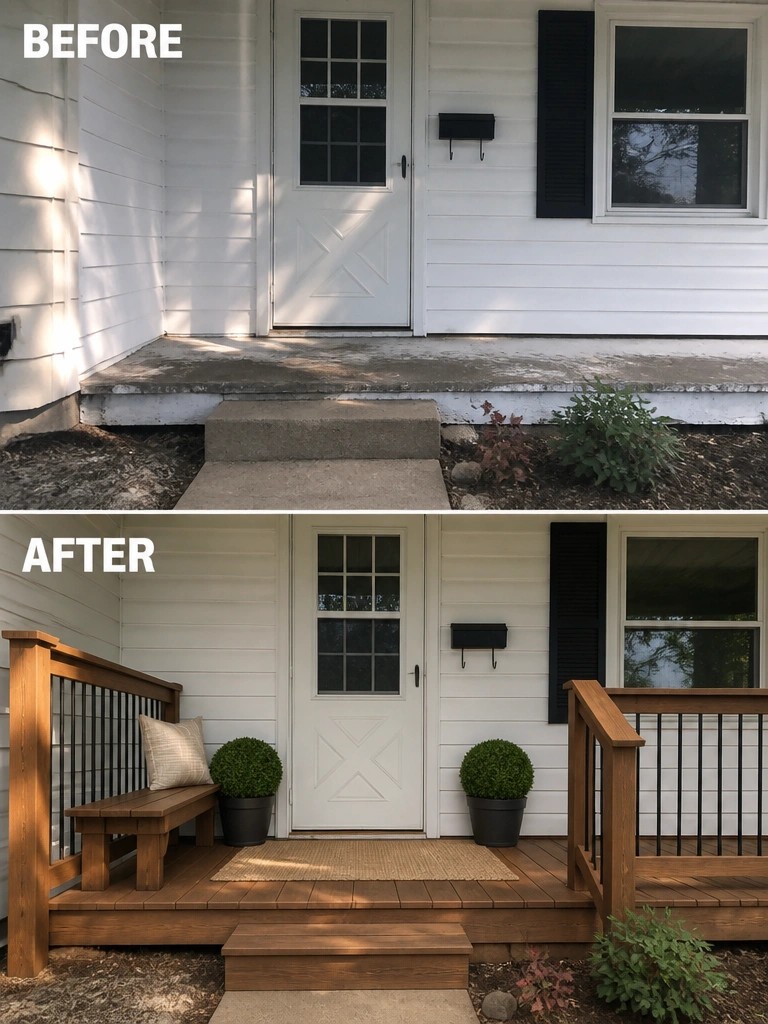 Before and after house entrance with new wooden deck, bench, and railings