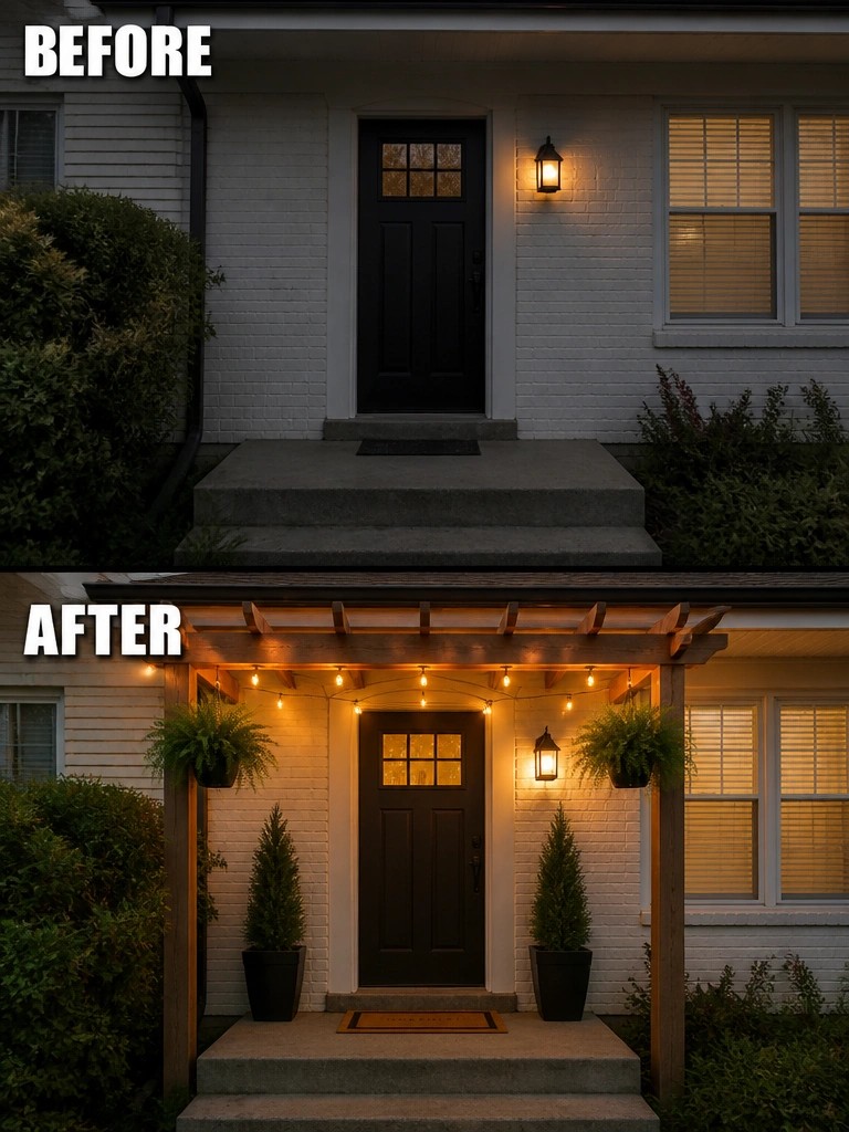 Before-and-after image of a front entry updated with a wooden pergola, string lights, and potted plants flanking the door.