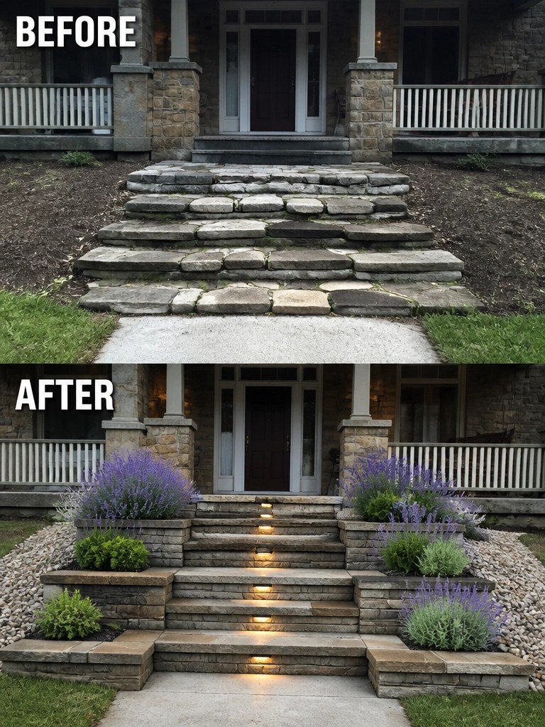 Before and after of stone steps with added lights, walls, and purple lavender plants