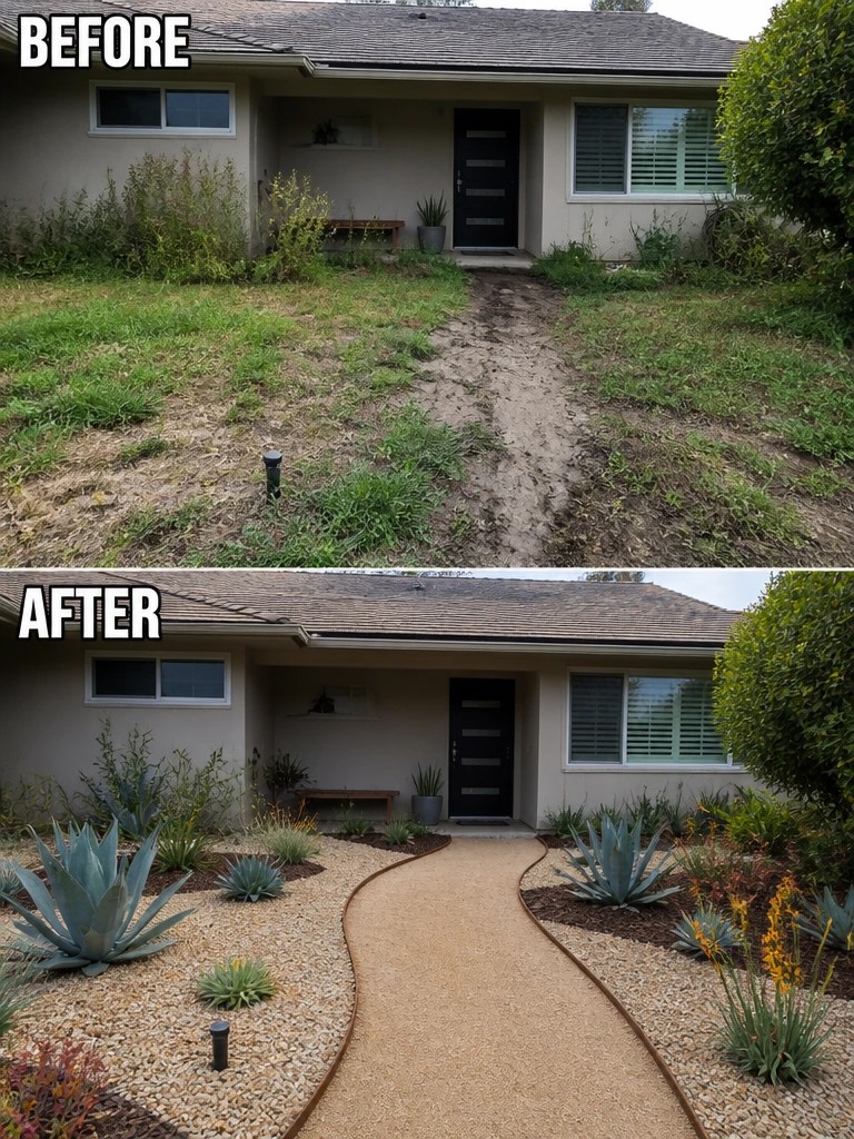 Before-and-after image of an overgrown front yard changed into a clean space with a gravel path, metal edging, and mulched garden beds.