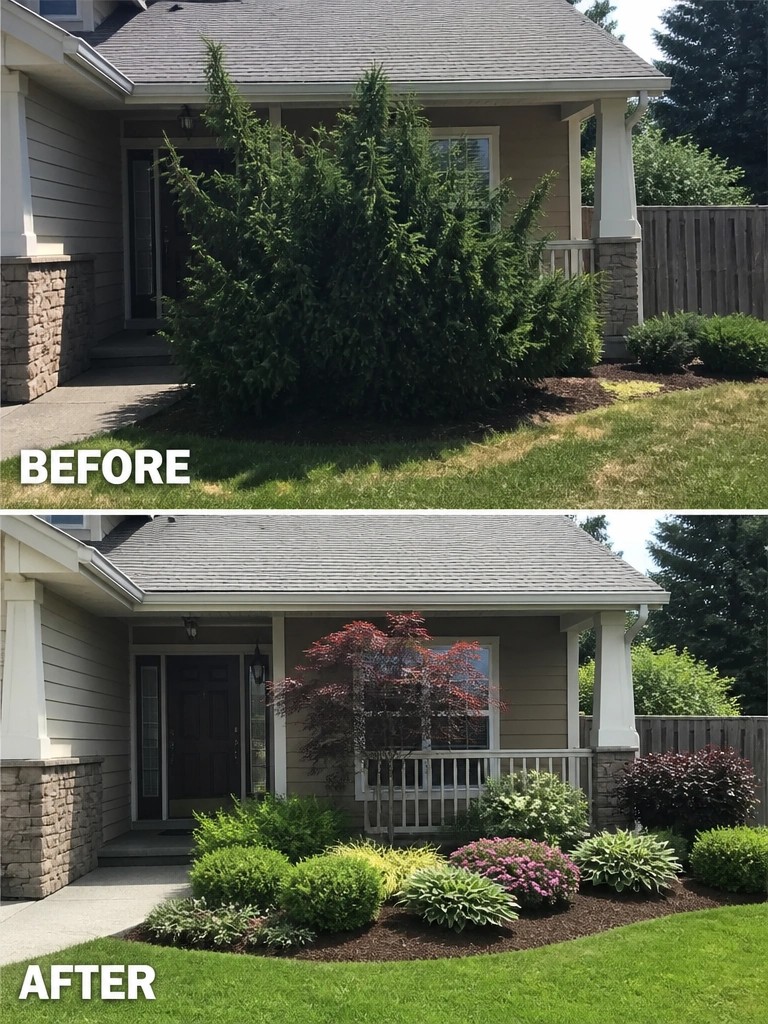 Before-and-after image of a front yard where a large overgrown bush was removed and replaced with layered garden beds, a small tree, and smaller shrubs edged with mulch.