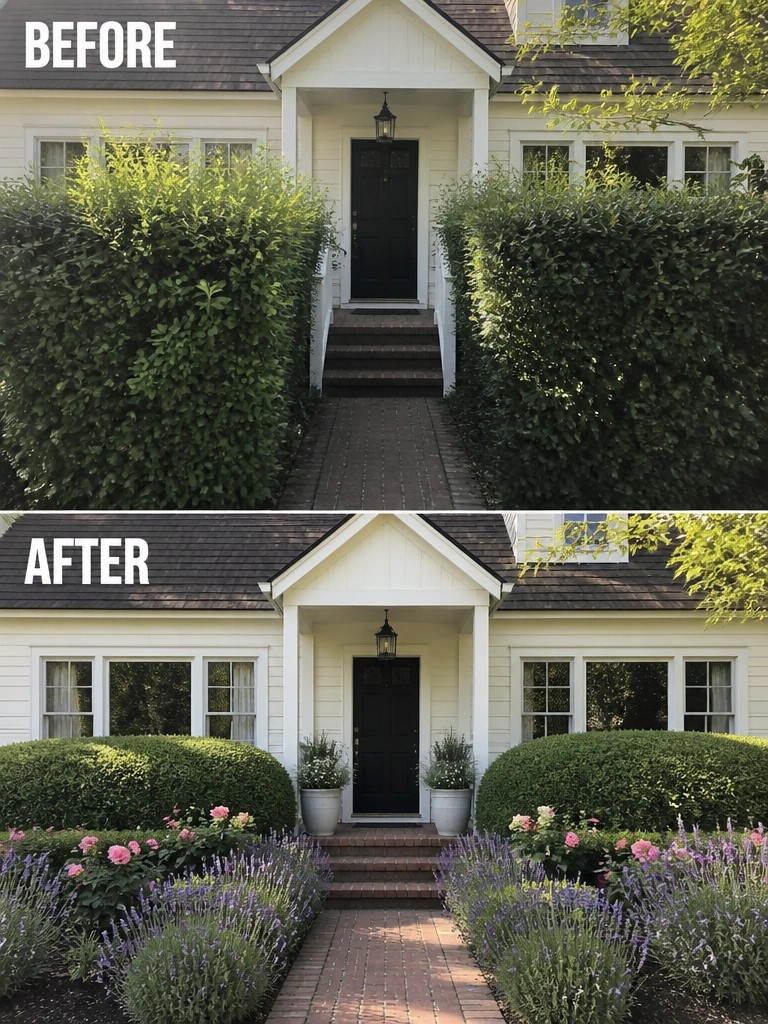 House entrance before and after, with overgrown bushes replaced by colorful flowers and trimmed shrubs.