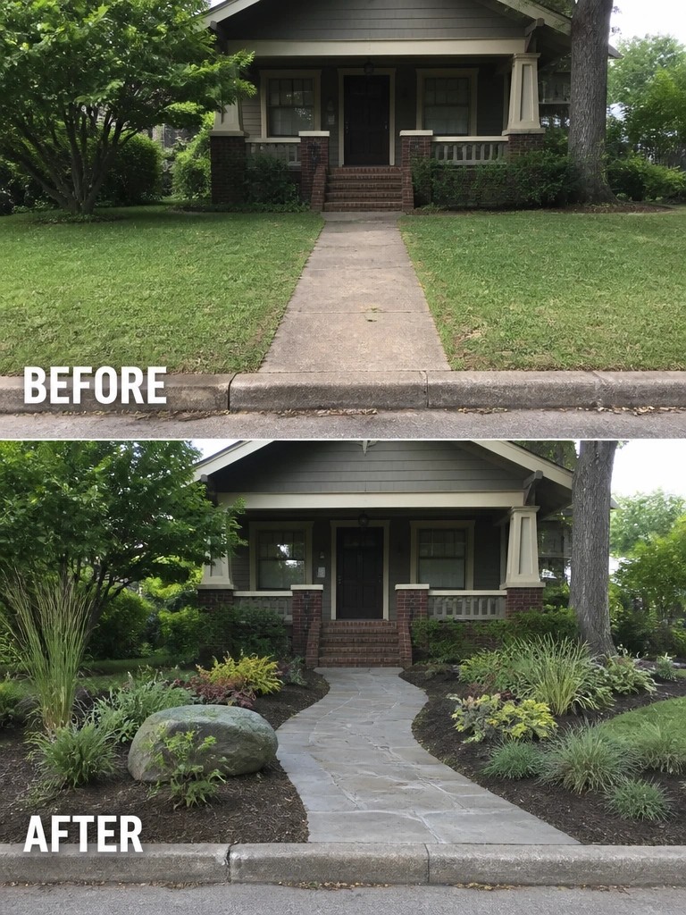 Before-and-after image of a front yard where a straight concrete walkway was replaced with a curved stone path and planted garden beds were added along the sides.