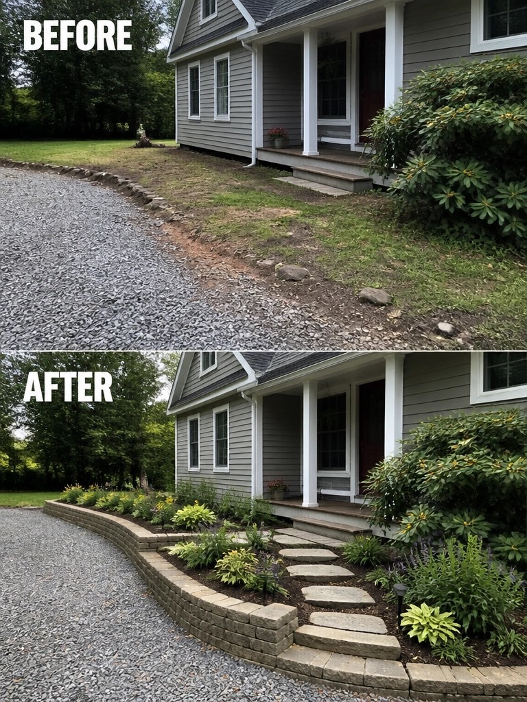 Before-and-after house landscaping with new garden bed, path, and retaining wall.