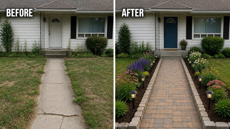 23 Beautiful Front Yard Before and After Ideas That Change The Entry Before-and-after image of a front yard where a plain concrete path is replaced with a paver walkway bordered by planted garden beds and low lights.