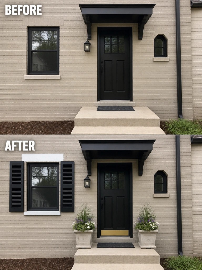 Before-and-after image of a house entry showing added black shutters on the left window and two planters placed on the steps.