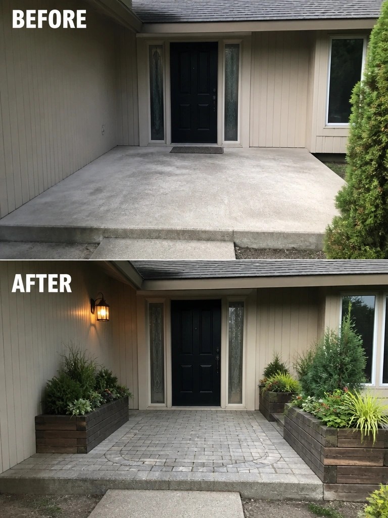 House entrance before and after: concrete porch upgraded to brick pavers with planters.