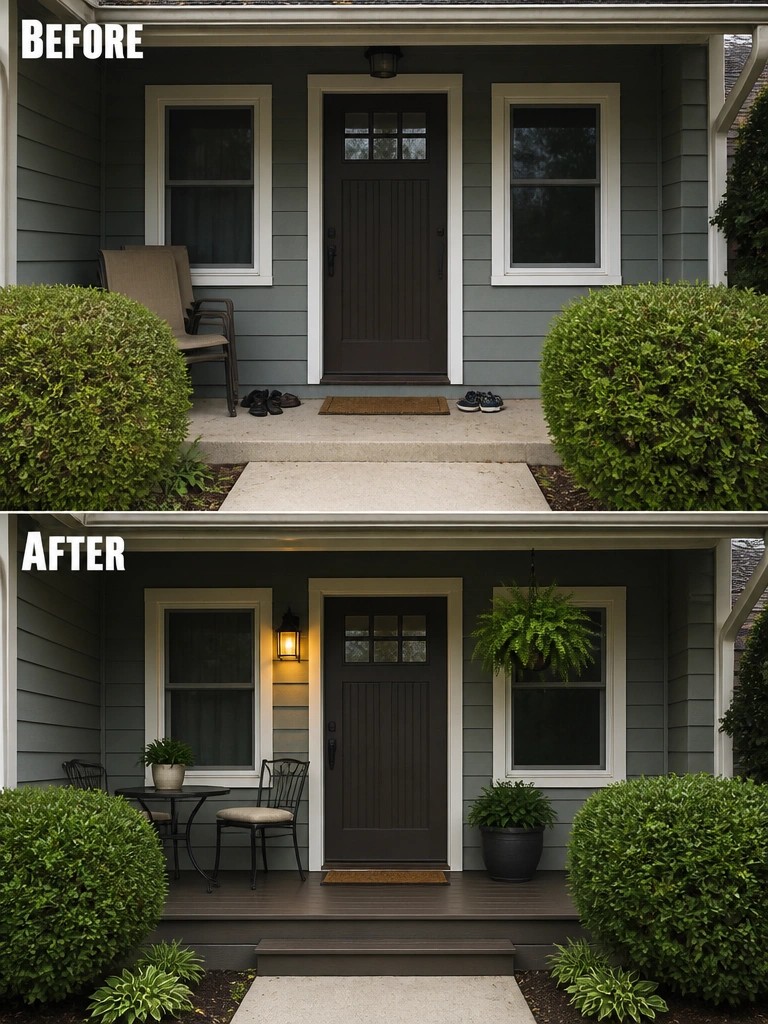 Before-and-after image of a plain front porch updated with seating, planters, and lighting.