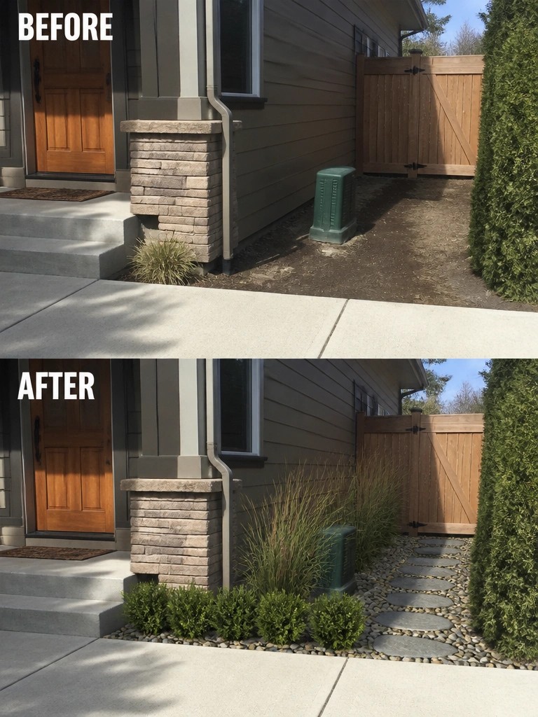 Before-and-after image of a house side yard changed from bare dirt to a landscaped area with shrubs, grasses, pebbles, and a stepping stone path.