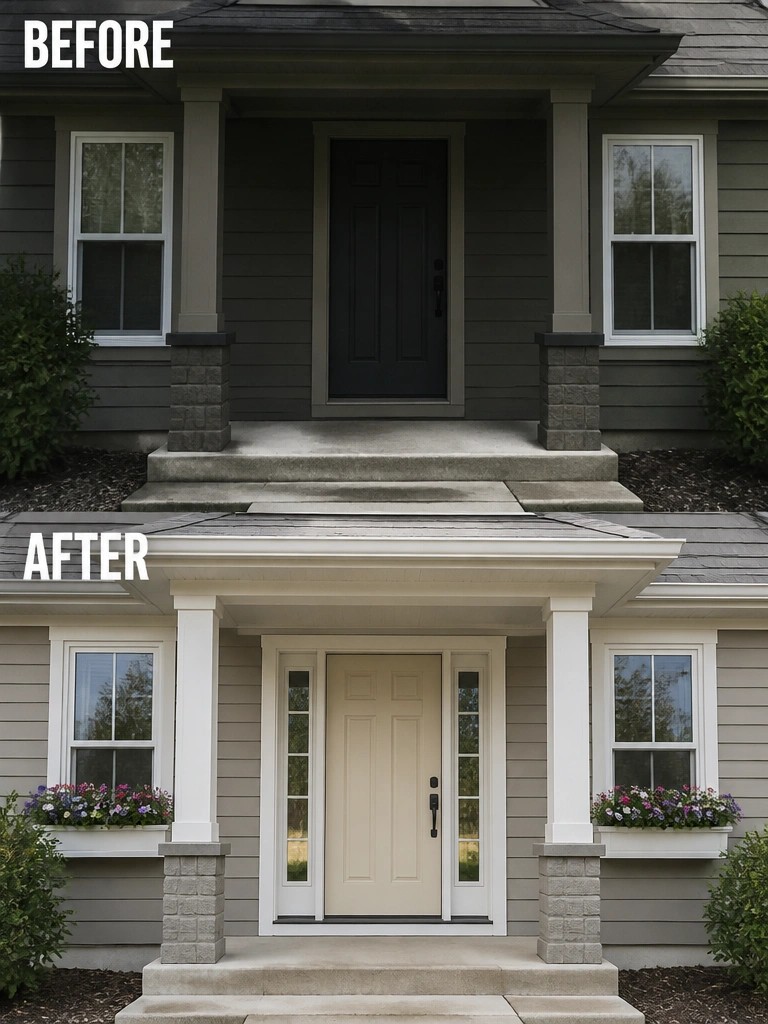 Before and after house porch renovation with new cream door and flower boxes