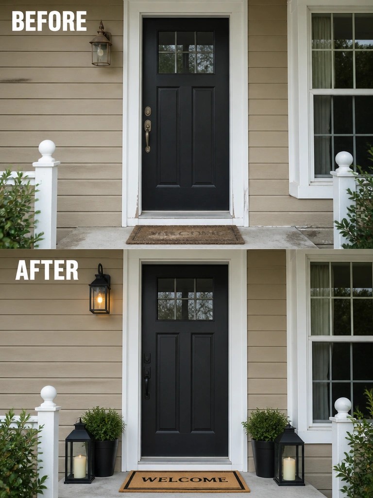 Before and after black door entrance with lit lanterns and potted plants