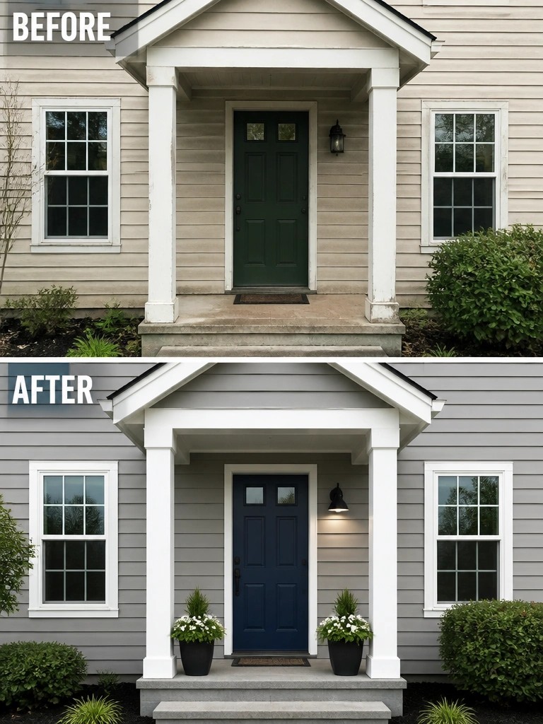 Before-and-after image of a house front entry showing changed siding color, new door color, and added potted plants on the porch.