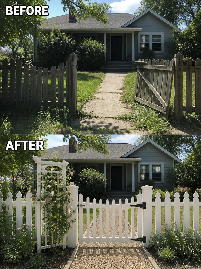 Before and after of house with old wooden fence replaced by white picket gate with roses