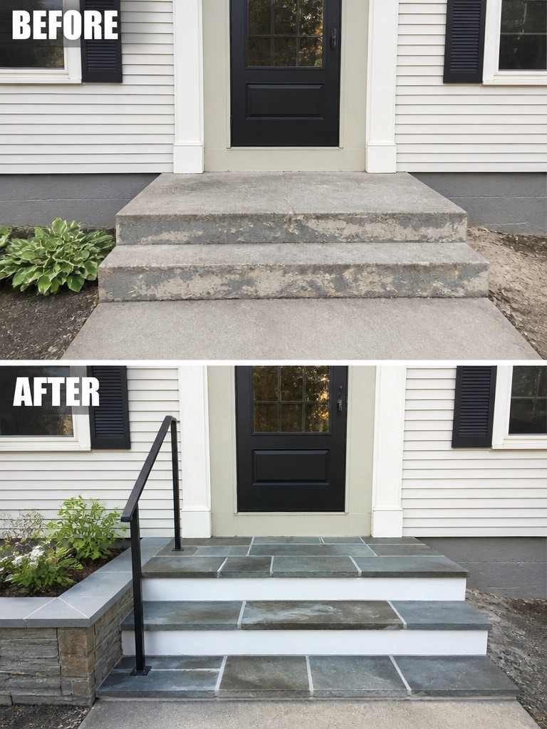 Before and after of worn concrete steps renovated with stone tiles and black railing