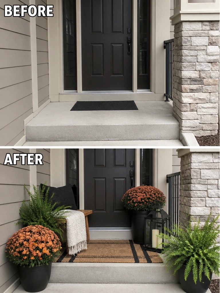 Before and after of plain porch transformed with plants, bench, and autumn decor.