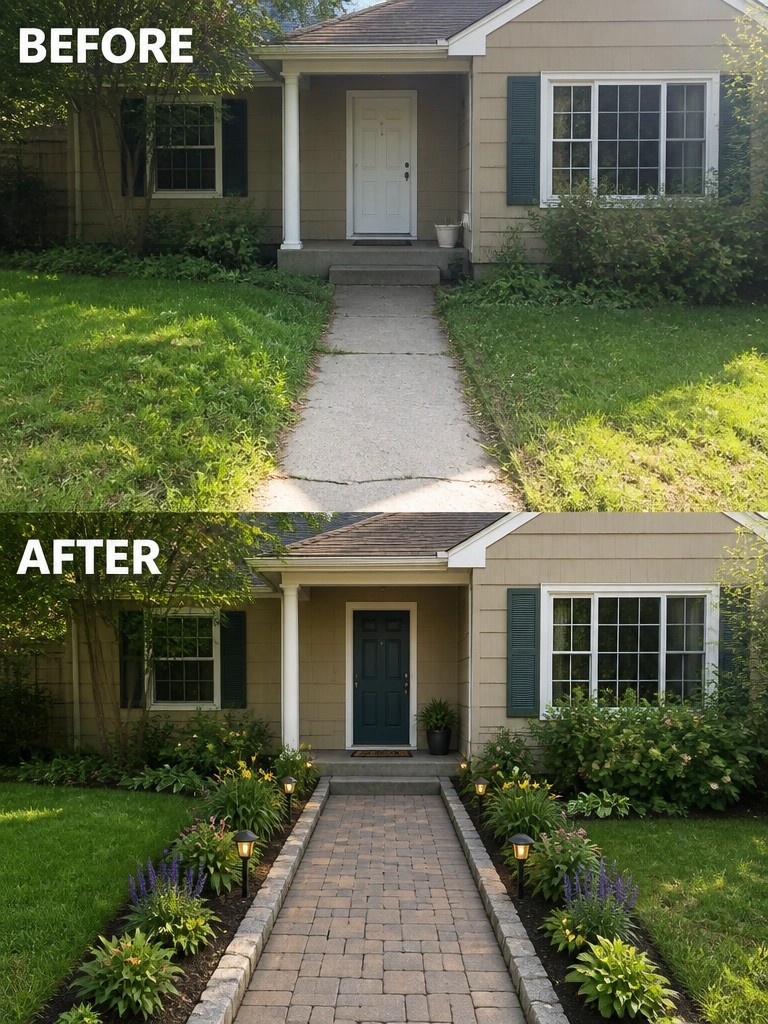 Before-and-after image of a front yard where a plain concrete path is replaced with a paver walkway bordered by planted garden beds and low lights.