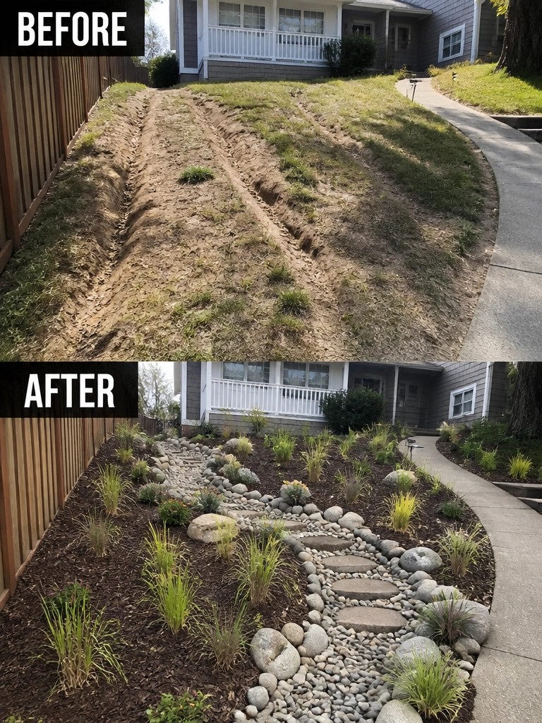 Before-and-after image of a bare, rutted front slope transformed into a landscaped yard with a stepping stone path, rock borders, and planted beds.