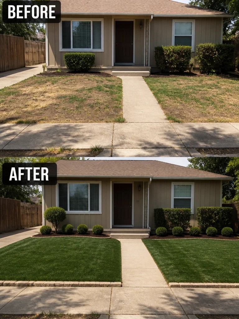 Before and after of beige house with dry lawn transformed to green grass