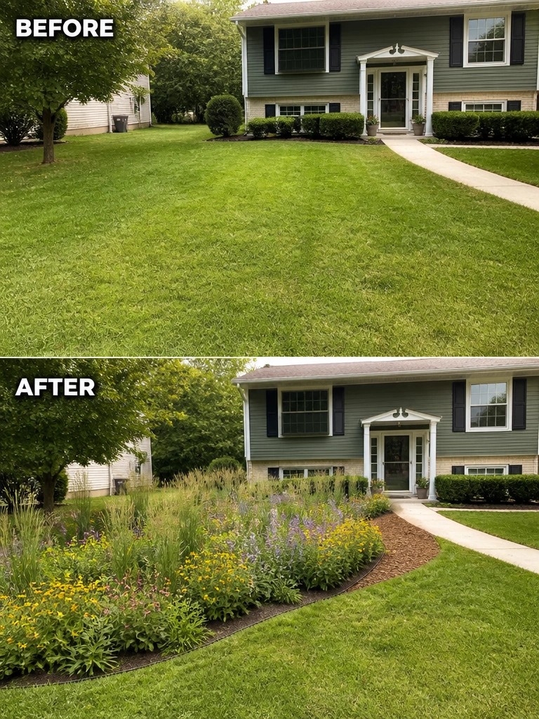 Before and after house lawn transformed into colorful flower garden bed