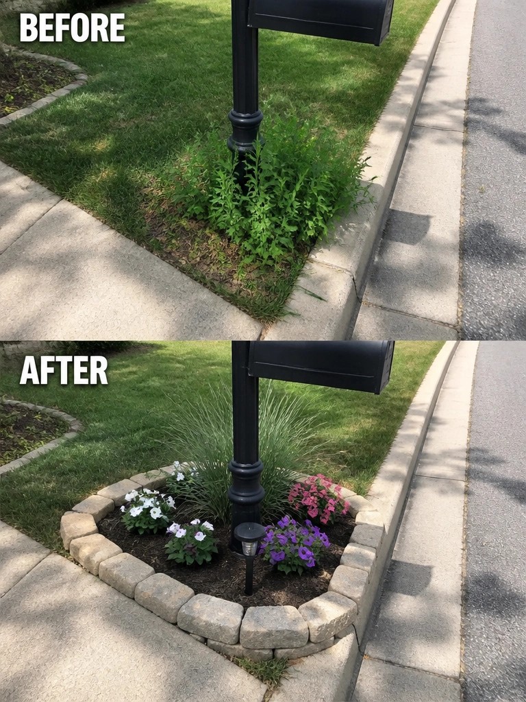 Mailbox post with weeds before and colorful flowers in stone border after.