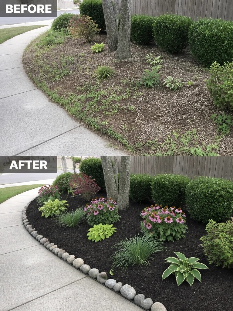 Before and after of a garden bed with added flowers, mulch, and stone border.