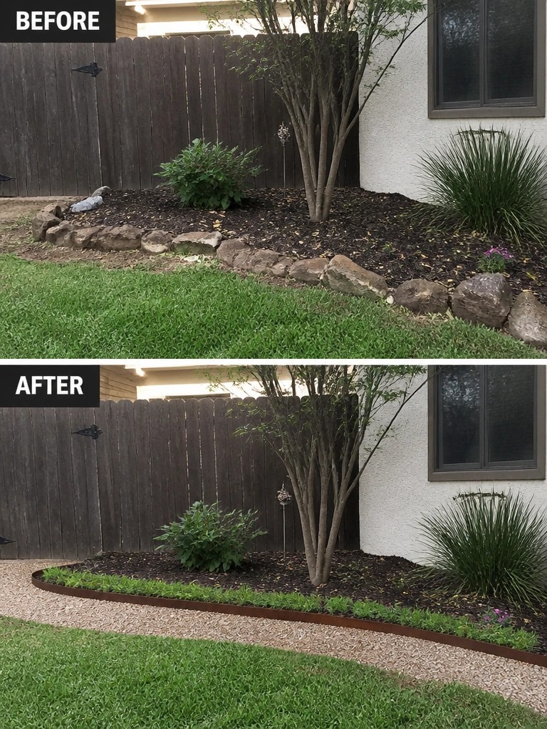 Before-and-after garden bed with tree, shrubs, rock border replaced by metal edging.