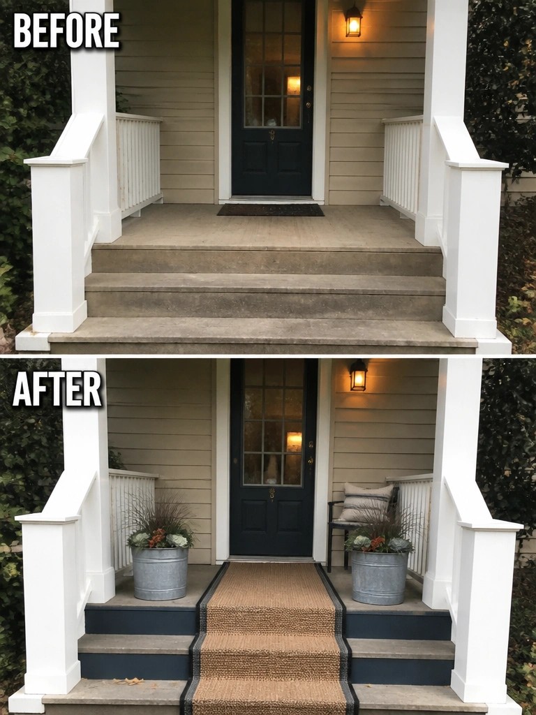 Before and after porch steps with blue paint, rug, and potted plants.
