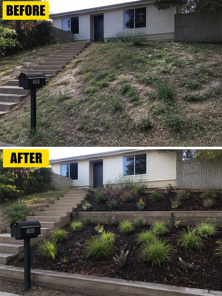 Before-and-after image of an overgrown front slope turned into terraced garden beds with wooden retaining walls, mulch, and planted borders.