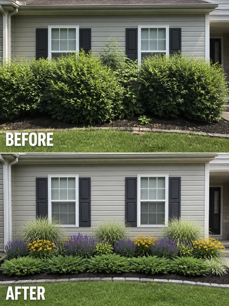 Before-and-after house exterior with overgrown shrubs replaced by colorful flower garden.