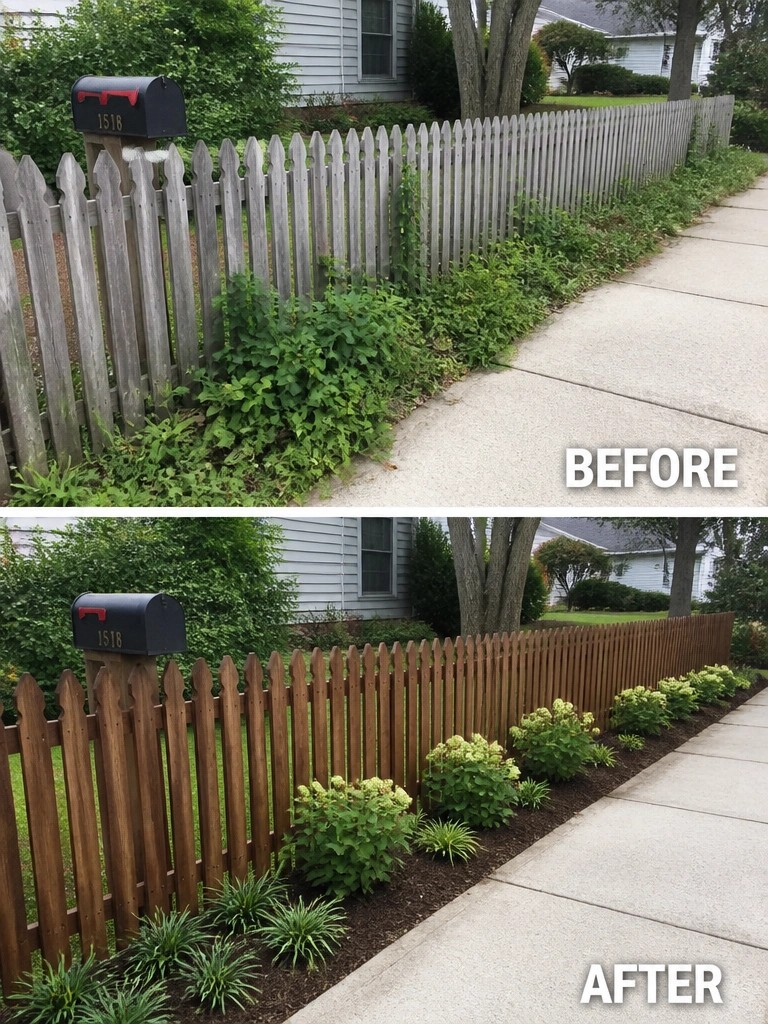 Before-and-after image of an overgrown fence line changed into a row of mulched garden beds with structured shrubs and ground cover plants.