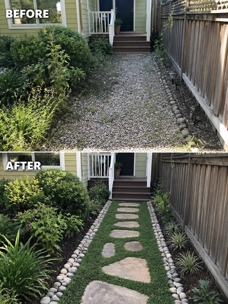 Before and after of gravel path to house transformed with stepping stones on grass.