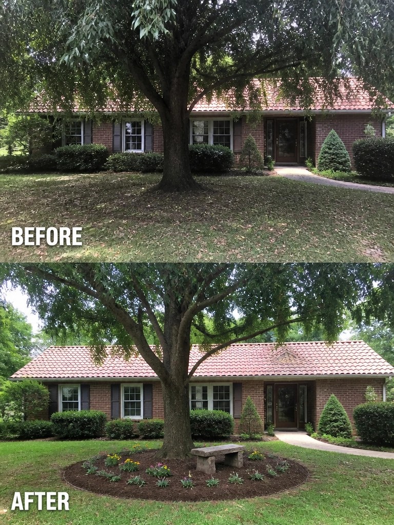 Before-and-after image of a front yard showing an untidy lawn with scattered leaves changed to a neat mulched bed with flowers and a bench around the central tree.