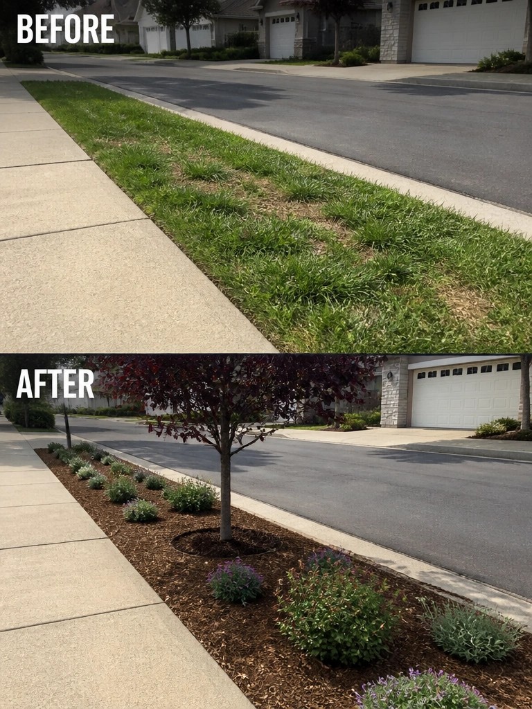 Before and after of grassy curb strip transformed into mulched garden with tree and plants.