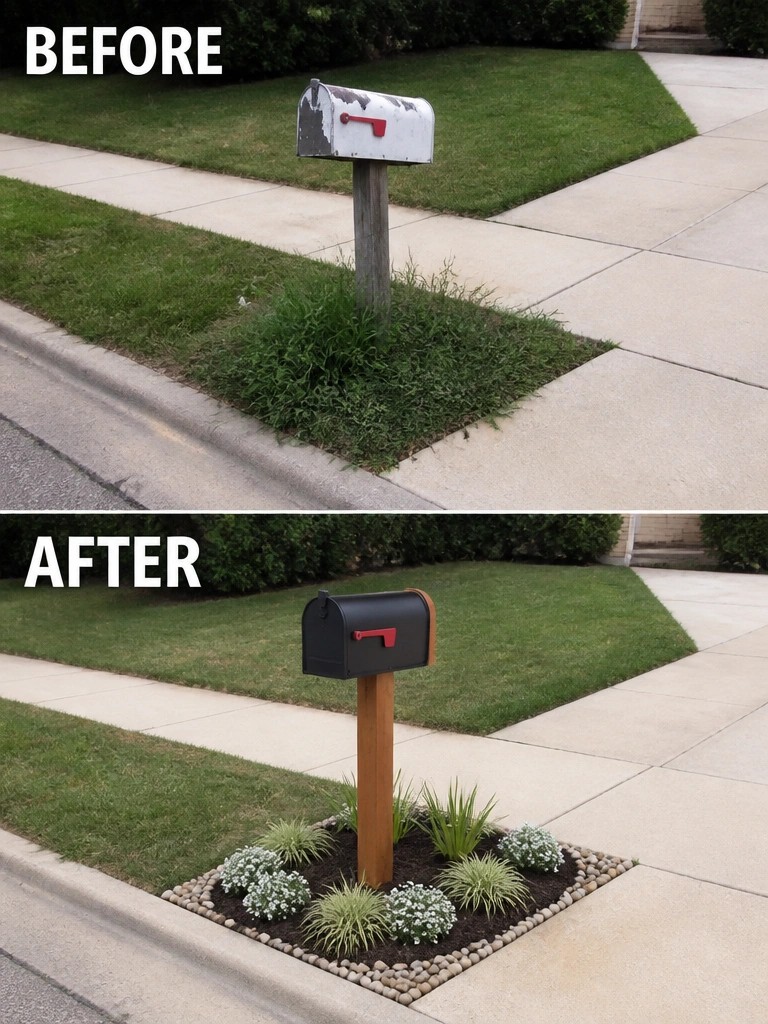 Before-and-after image of an overgrown mailbox area changed into a neat garden bed with rock edging, mulch, and low plants.