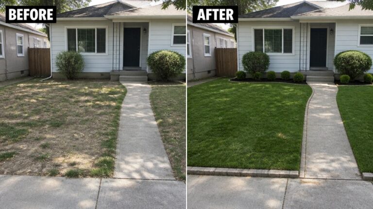 Before and after of beige house with dry lawn transformed to green grass